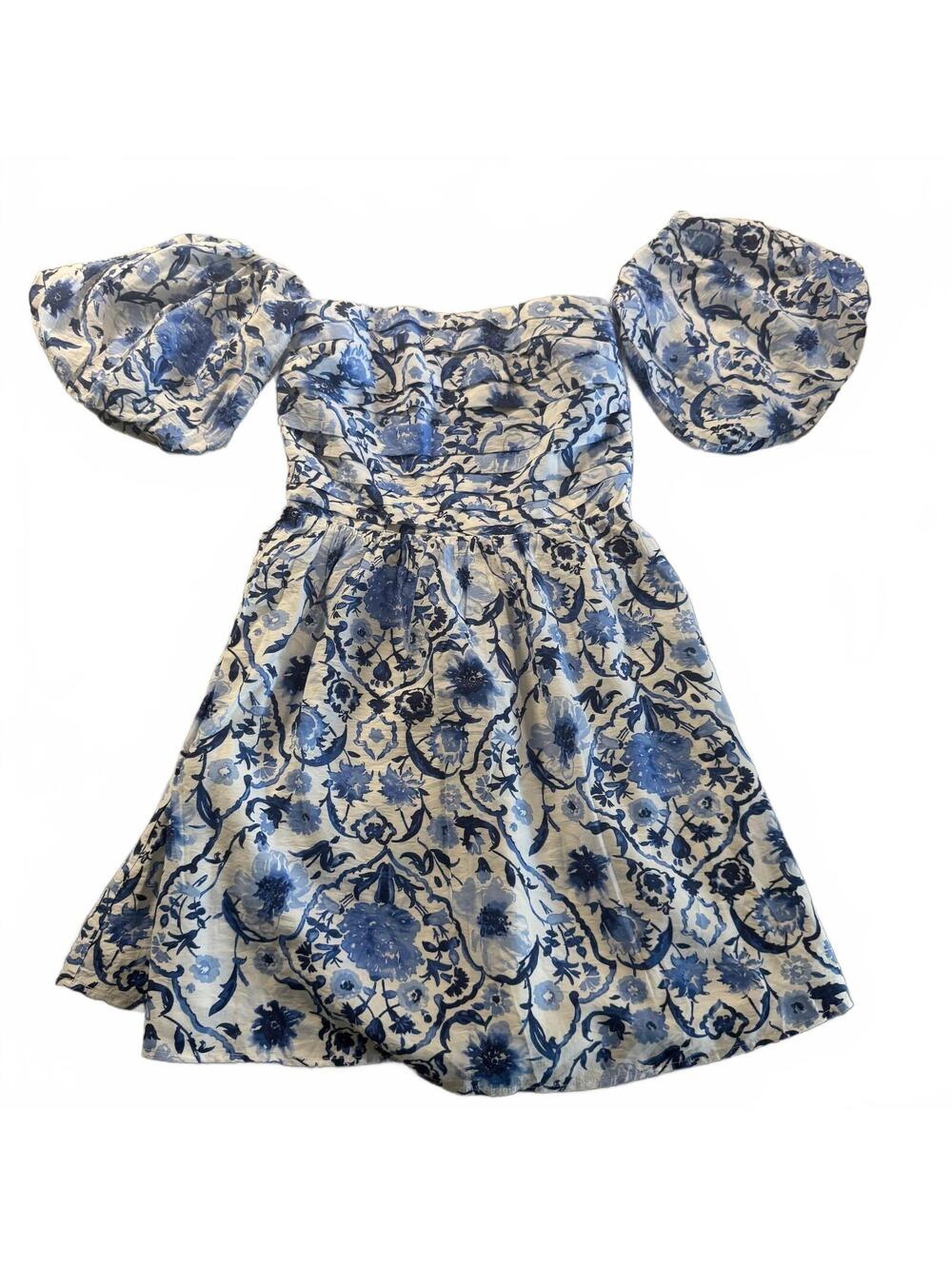Abercrombie & Fitch Emerson Toile Mini Dress Small S Blue Puff Sleeve Smocked
